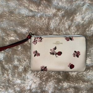 Coach Floral Ladybug Print Wristlet White Red Zip Closure with Card Slots NWOT